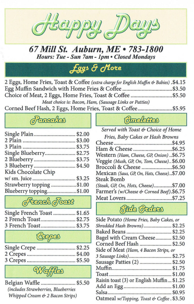 Happy Days Diner Breakfast Restaurant Auburn Maine MenusInLA