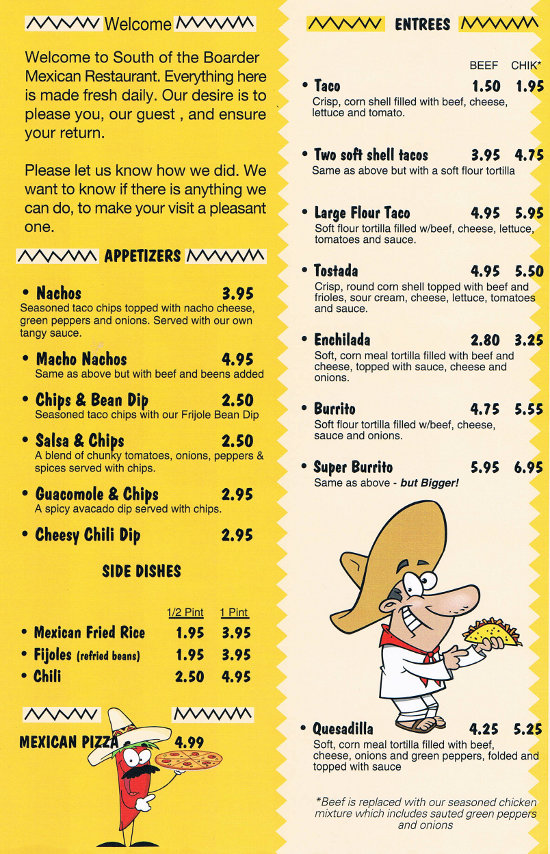 South of the Border Mexican Lewiston Maine Menu 